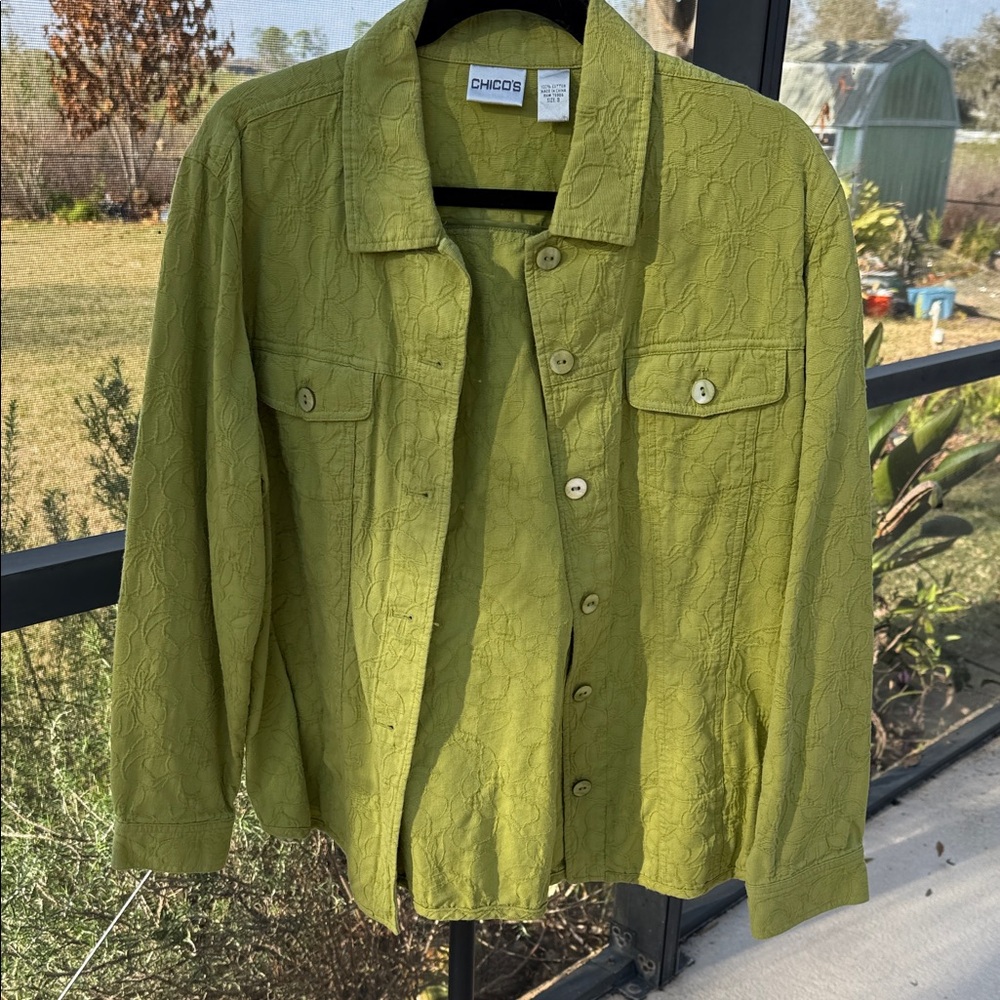 Chico's sz 3 cotton Green Utility Jacket with floral print